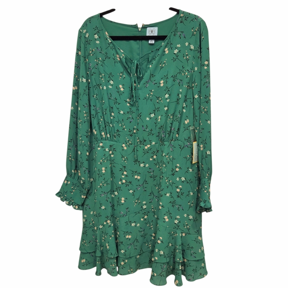 CeCe Green Floral Babydoll Short Dress Ruffles Long Sleeve Crepe XL